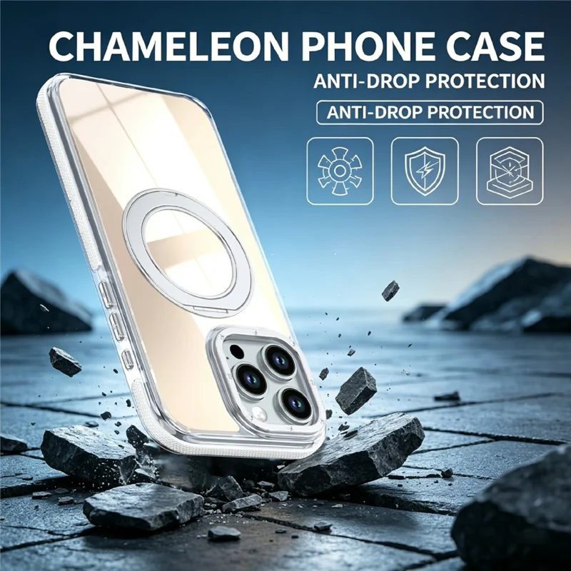 For iPhone 16 Pro Magnetic Case Fluorescent Design TPU Acrylic Phone Back Cover with 360° Rotating Kickstand - White