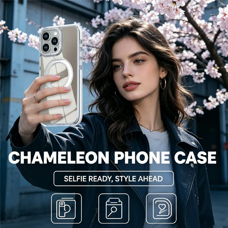 For iPhone 16 Pro Magnetic Case Fluorescent Design TPU Acrylic Phone Back Cover with 360° Rotating Kickstand - White