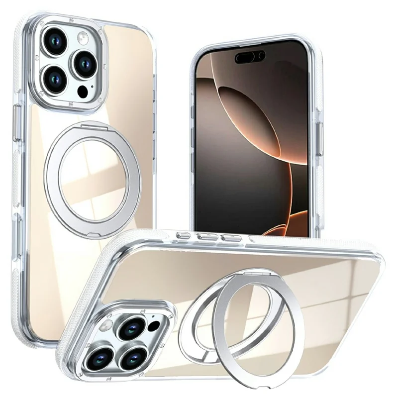 For iPhone 16 Pro Max Magnetic Case Fluorescent Design TPU Acrylic Phone Back Cover with 360° Rotating Kickstand - White