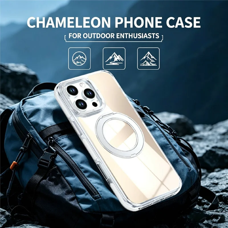 For iPhone 16 Pro Max Magnetic Case Fluorescent Design TPU Acrylic Phone Back Cover with 360° Rotating Kickstand - White