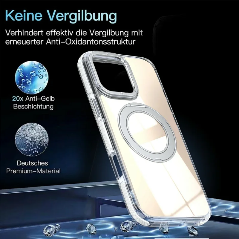 For iPhone 16 Pro Max Magnetic Case Fluorescent Design TPU Acrylic Phone Back Cover with 360° Rotating Kickstand - White