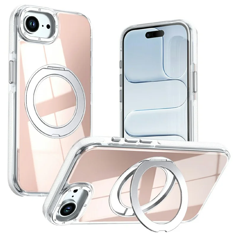 Magnetic Case For iPhone 16e  /  17e Fluorescent Design TPU Acrylic Phone Back Cover with 360° Rotating Kickstand - White