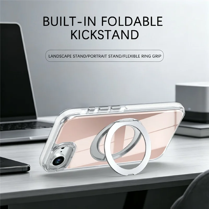 Magnetic Case For iPhone 16e  /  17e Fluorescent Design TPU Acrylic Phone Back Cover with 360° Rotating Kickstand - White