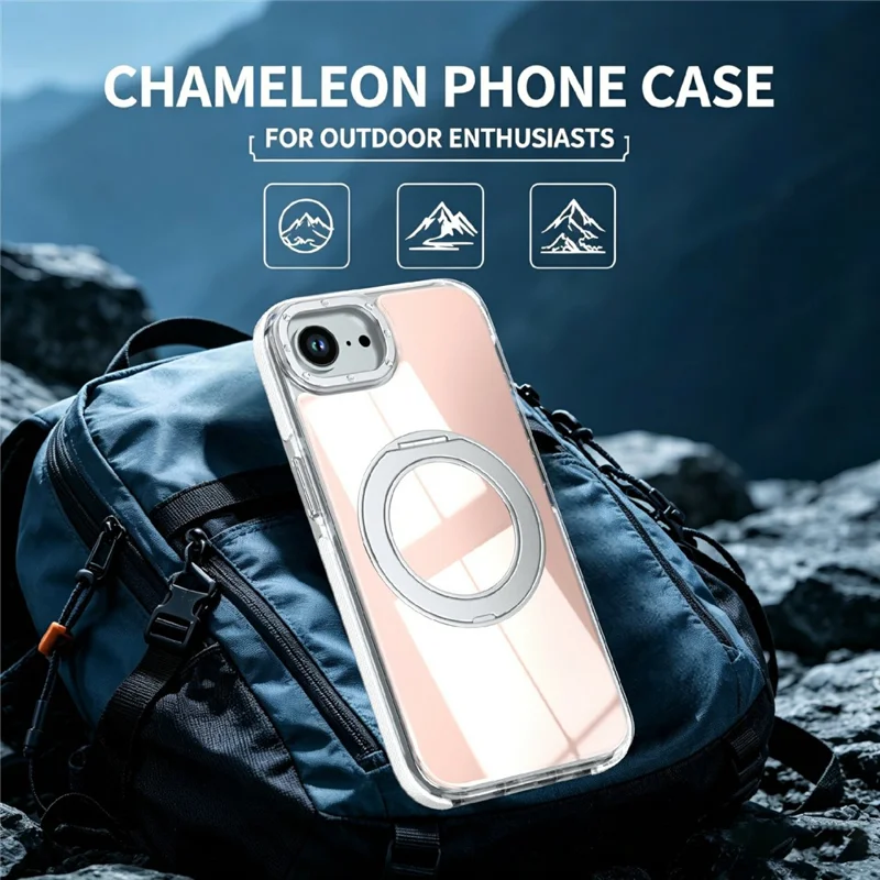 Magnetic Case For iPhone 16e  /  17e Fluorescent Design TPU Acrylic Phone Back Cover with 360° Rotating Kickstand - White