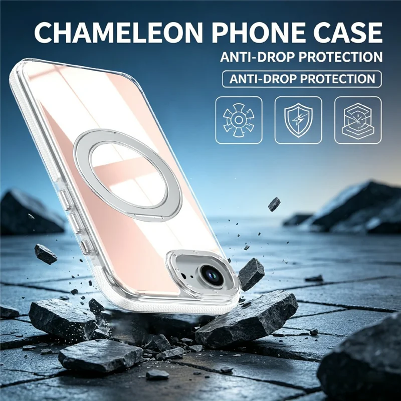 Magnetic Case For iPhone 16e  /  17e Fluorescent Design TPU Acrylic Phone Back Cover with 360° Rotating Kickstand - White