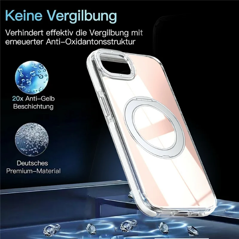 Magnetic Case For iPhone 16e  /  17e Fluorescent Design TPU Acrylic Phone Back Cover with 360° Rotating Kickstand - White