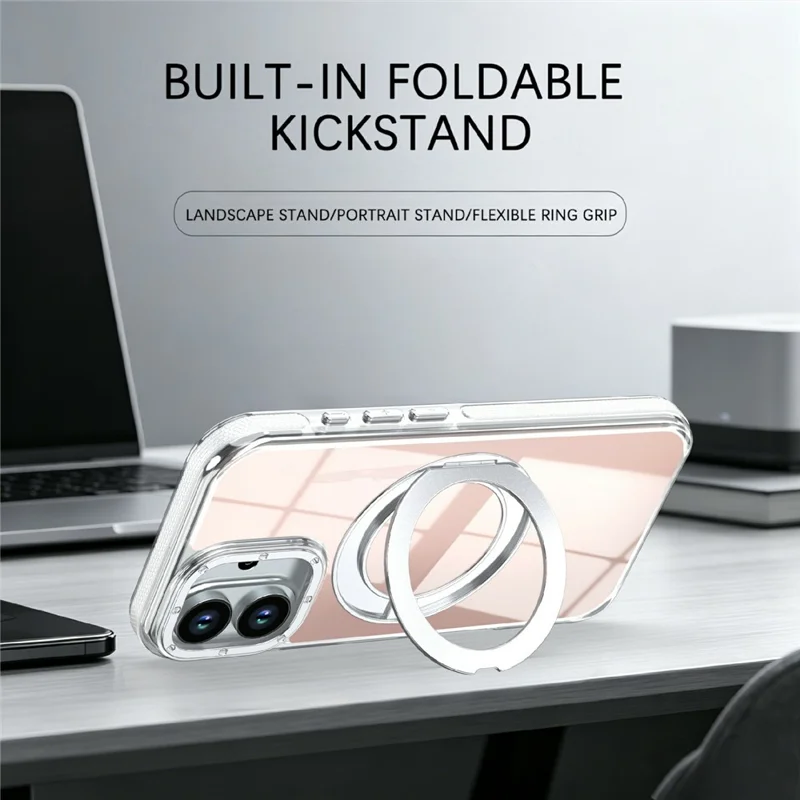 For iPhone 17 Magnetic Case Fluorescent Design TPU Acrylic Phone Back Cover with 360° Rotating Kickstand - White