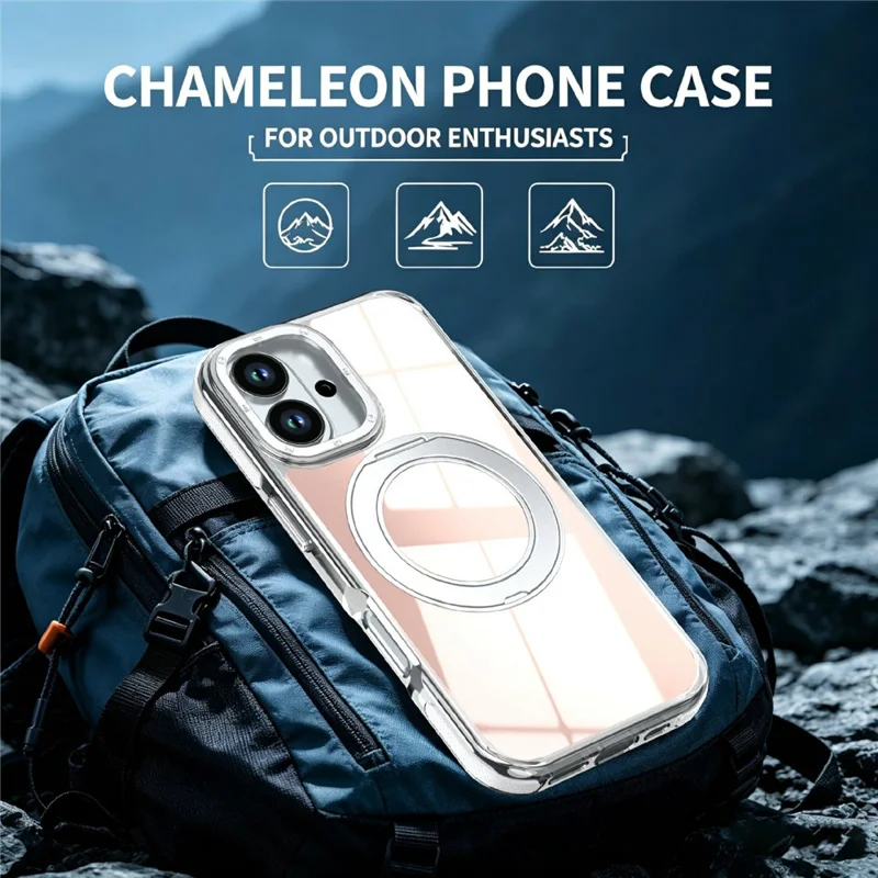 For iPhone 17 Magnetic Case Fluorescent Design TPU Acrylic Phone Back Cover with 360° Rotating Kickstand - White
