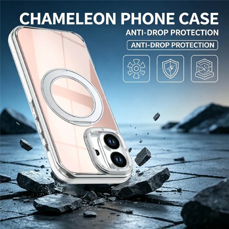 For iPhone 17 Magnetic Case Fluorescent Design TPU Acrylic Phone Back Cover with 360° Rotating Kickstand - White