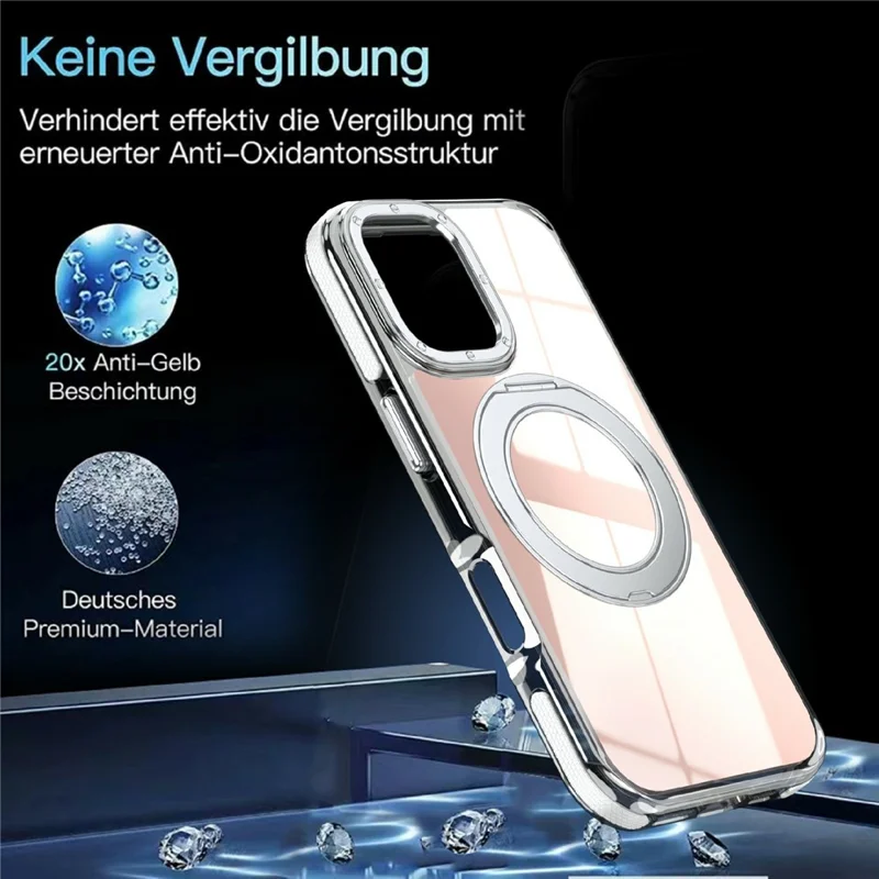 For iPhone 17 Magnetic Case Fluorescent Design TPU Acrylic Phone Back Cover with 360° Rotating Kickstand - White