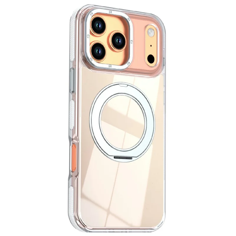 For iPhone 17 Pro Magnetic Case Fluorescent Design TPU Acrylic Phone Back Cover with 360° Rotating Kickstand - White