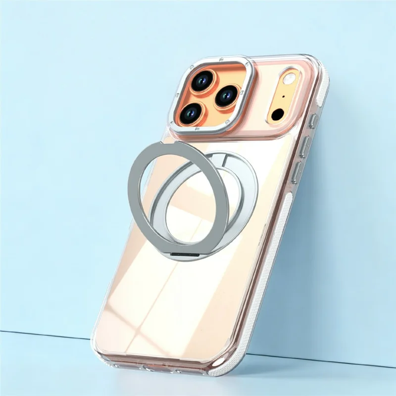 For iPhone 17 Pro Magnetic Case Fluorescent Design TPU Acrylic Phone Back Cover with 360° Rotating Kickstand - White