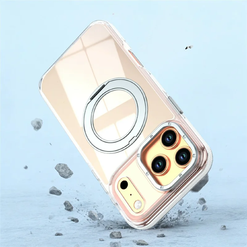 For iPhone 17 Pro Magnetic Case Fluorescent Design TPU Acrylic Phone Back Cover with 360° Rotating Kickstand - White