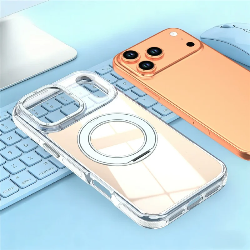 For iPhone 17 Pro Max Magnetic Case Fluorescent Design TPU Acrylic Phone Back Cover with 360° Rotating Kickstand - White