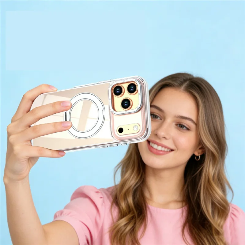 For iPhone 17 Pro Max Magnetic Case Fluorescent Design TPU Acrylic Phone Back Cover with 360° Rotating Kickstand - White