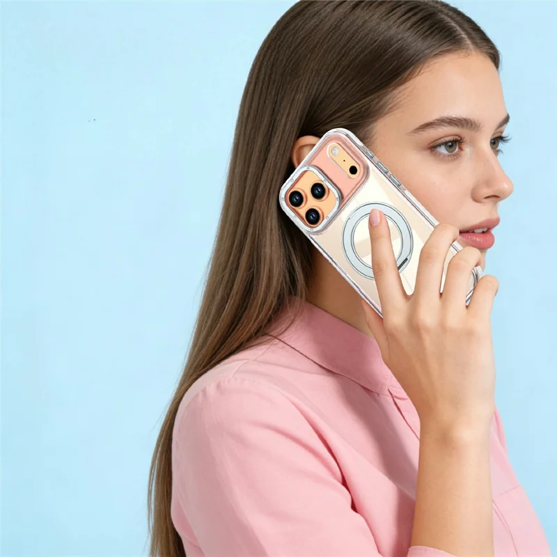 For iPhone 17 Pro Max Magnetic Case Fluorescent Design TPU Acrylic Phone Back Cover with 360° Rotating Kickstand - White