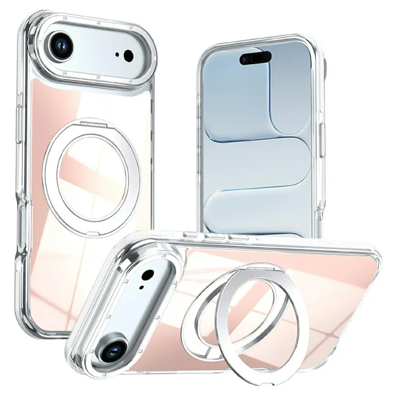 For iPhone Air Magnetic Case Fluorescent Design TPU Acrylic Phone Back Cover with 360° Rotating Kickstand - White