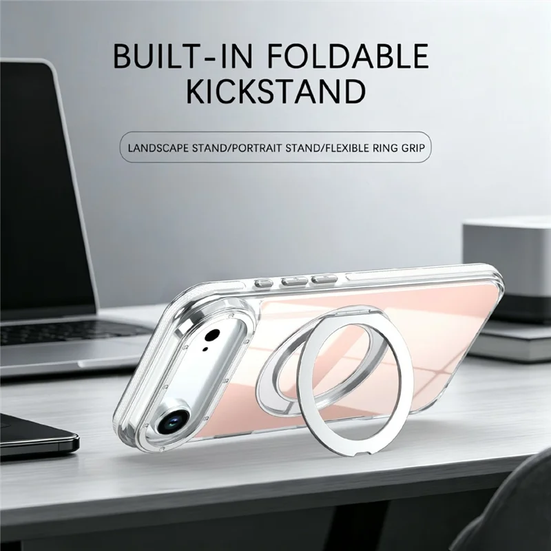 For iPhone Air Magnetic Case Fluorescent Design TPU Acrylic Phone Back Cover with 360° Rotating Kickstand - White