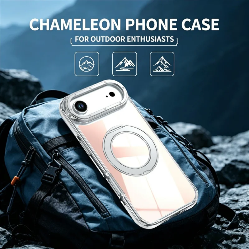 For iPhone Air Magnetic Case Fluorescent Design TPU Acrylic Phone Back Cover with 360° Rotating Kickstand - White