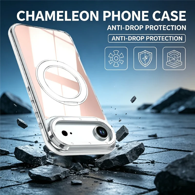For iPhone Air Magnetic Case Fluorescent Design TPU Acrylic Phone Back Cover with 360° Rotating Kickstand - White