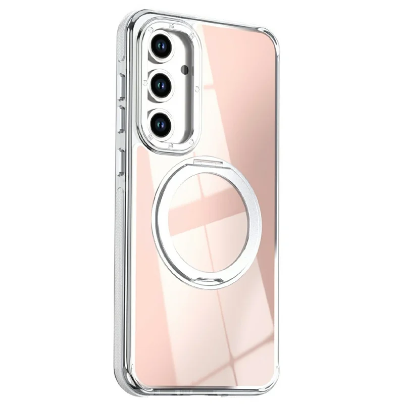 For Samsung Galaxy S23 FE Magnetic Case Fluorescent Design TPU Acrylic Phone Back Cover with 360° Rotating Kickstand - White