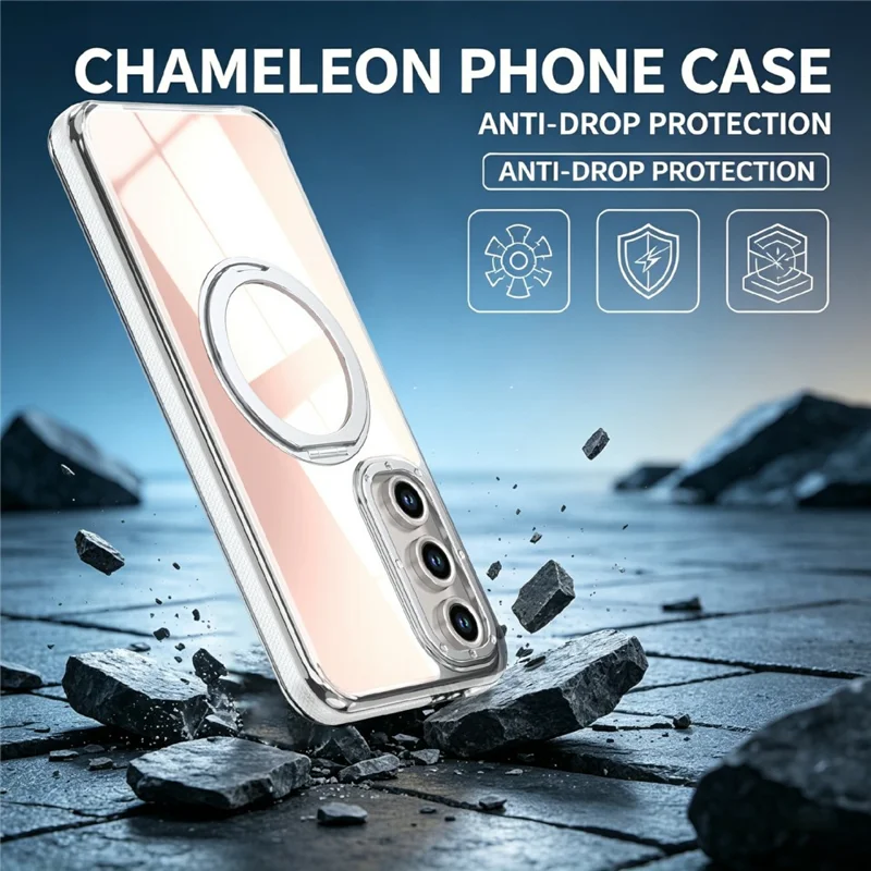 For Samsung Galaxy S23 FE Magnetic Case Fluorescent Design TPU Acrylic Phone Back Cover with 360° Rotating Kickstand - White