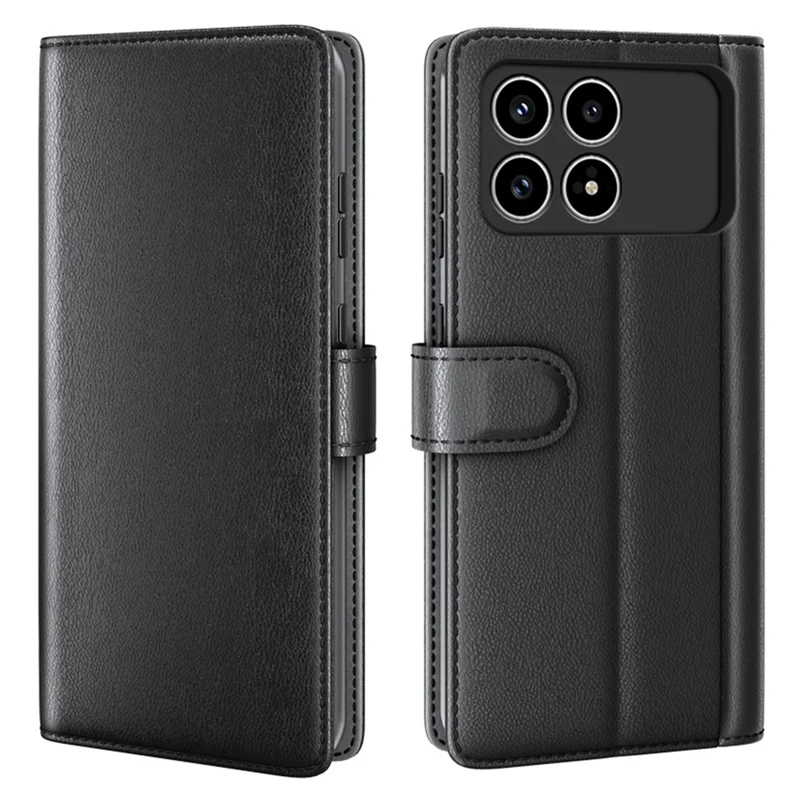غطاء هاتف لـ Xiaomi Redmi K90 5G من الجلد الصناعي الحقيقي مع محفظة وحامل - أسود