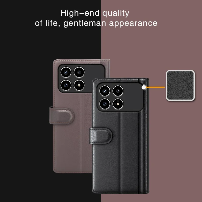 غطاء هاتف لـ Xiaomi Redmi K90 5G من الجلد الصناعي الحقيقي مع محفظة وحامل - أسود