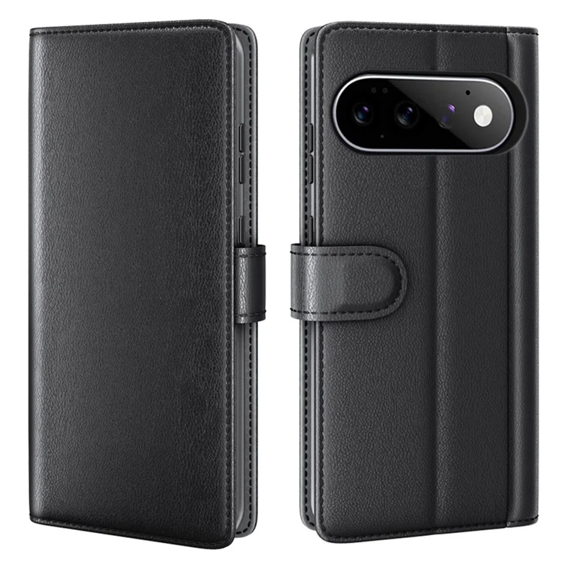For Google Pixel 11 Case Genuine Split Leather Phone Cover with Wallet Stand - Black