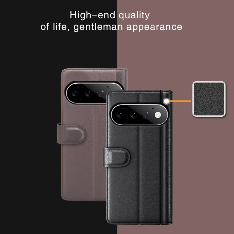 For Google Pixel 11 Case Genuine Split Leather Phone Cover with Wallet Stand - Black