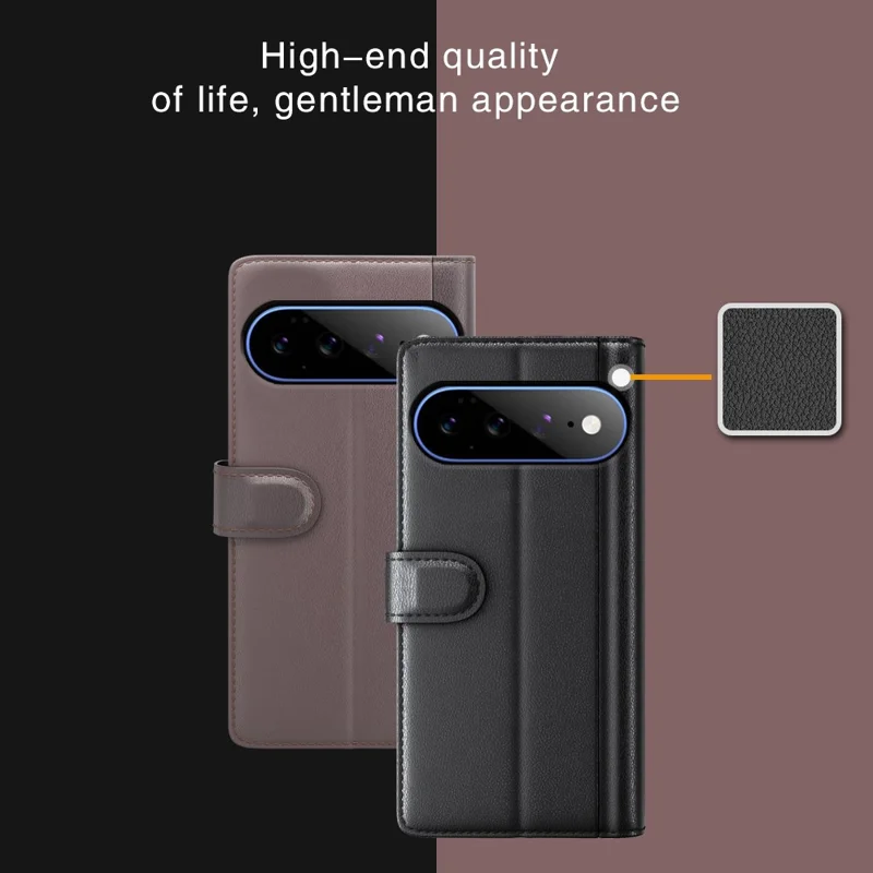 For Google Pixel 11 Pro XL Case Genuine Split Leather Phone Cover with Wallet Stand - Black