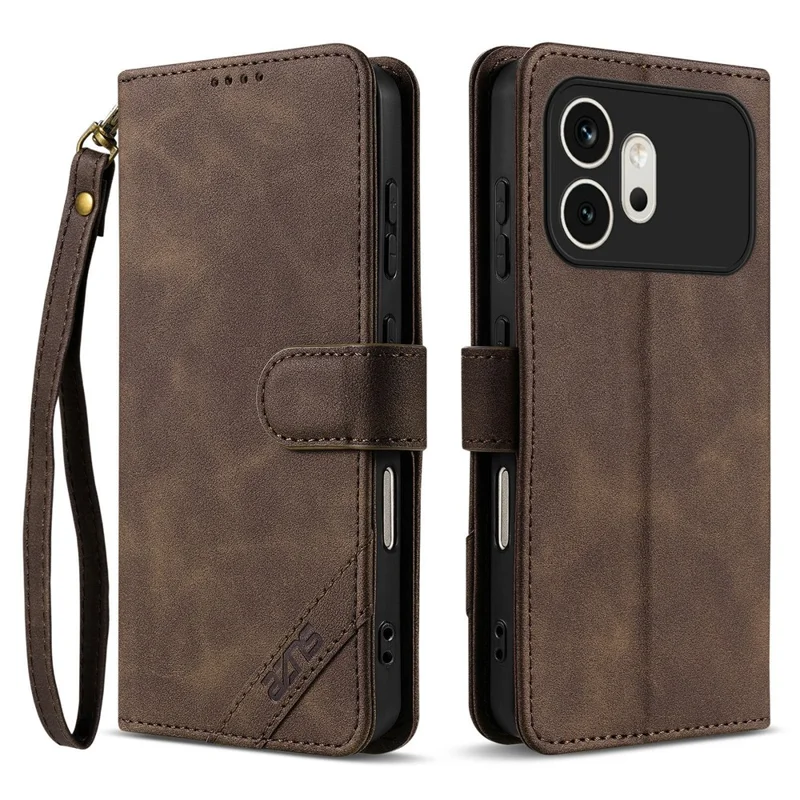 AZNS A2 for Honor 600 5G Leather Case with Wrist Strap RFID Blocking Wallet Stand Phone Cover - Brown