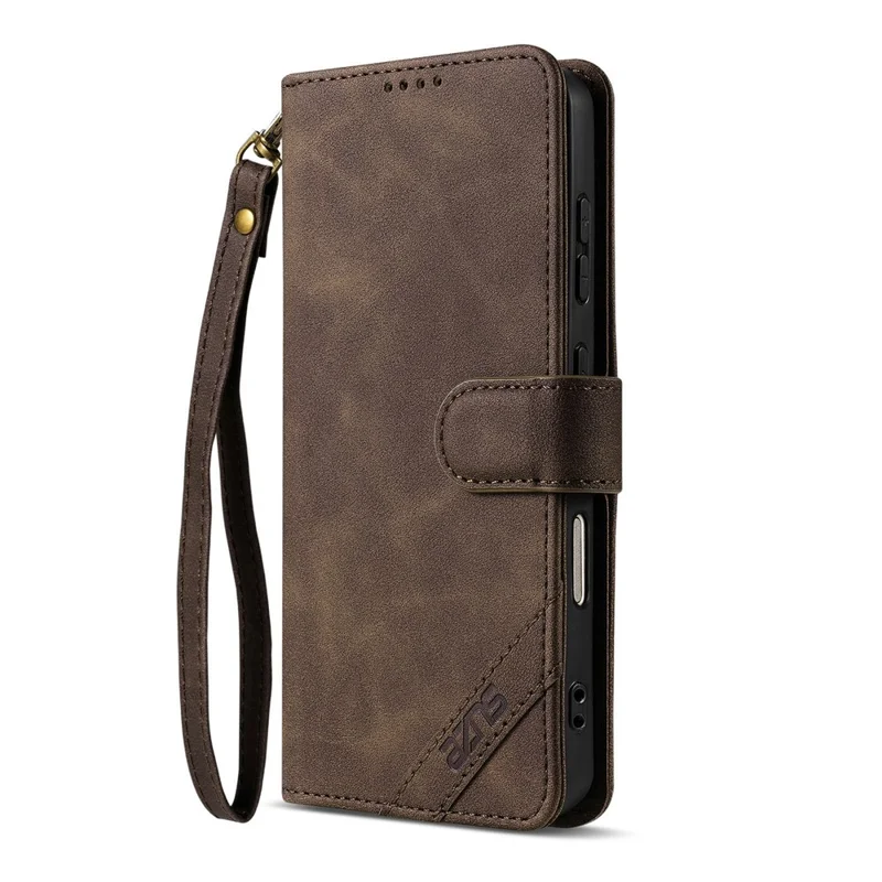 AZNS A2 for Honor 600 5G Leather Case with Wrist Strap RFID Blocking Wallet Stand Phone Cover - Brown