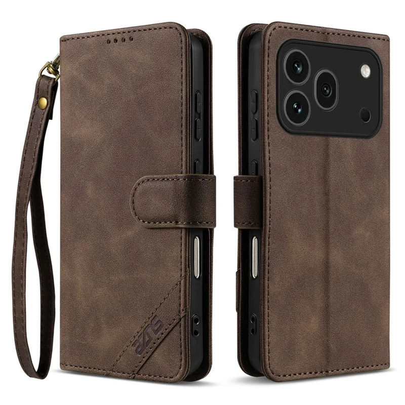 AZNS A2 for Honor 600 Pro 5G Leather Case with Wrist Strap RFID Blocking Wallet Stand Phone Cover - Brown