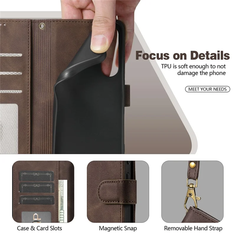AZNS A2 for OnePlus Ace 6 Ultra 5G Leather Case with Wrist Strap RFID Blocking Wallet Stand Phone Cover - Brown