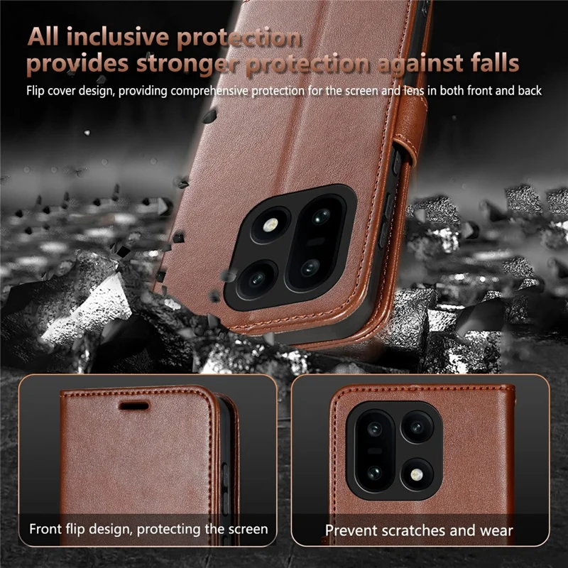 AZNS For OnePlus 15 5G Case Anti-Scratch PU Leather Stand Wallet Phone Cover - Brown
