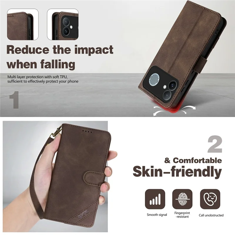 AZNS A2 for Xiaomi Redmi K90 Max 5G Leather Case with Wrist Strap RFID Blocking Wallet Stand Phone Cover - Brown