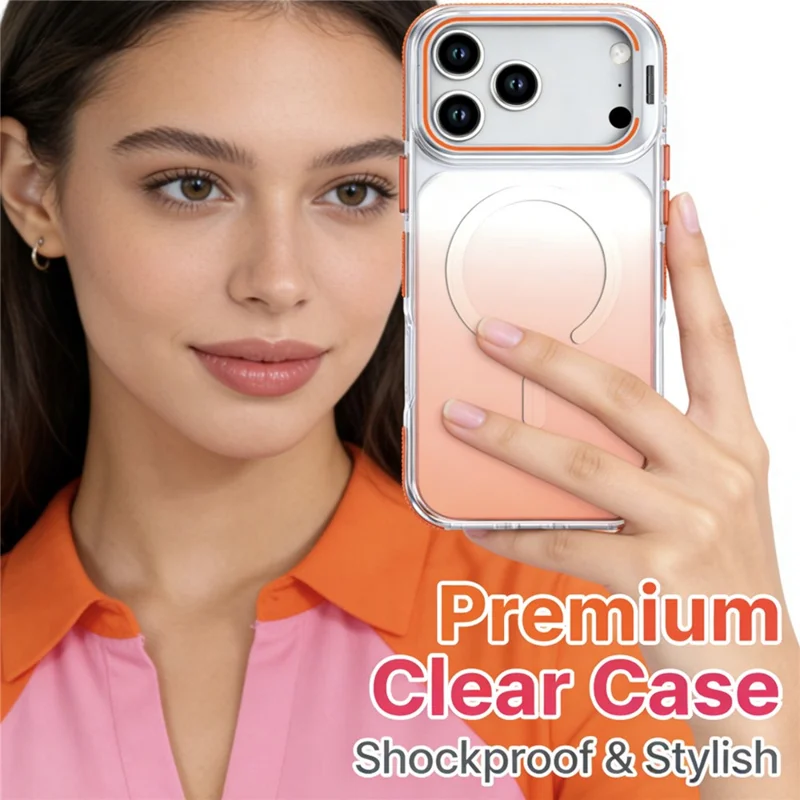 For iPhone 17 Pro Max Magnetic Case Gradient TPU PC Phone Back Cover with Lens Kickstand - Orange Gradient