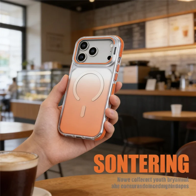 For iPhone 17 Pro Magnetic Case Gradient TPU PC Phone Back Cover with Lens Kickstand - Orange Gradient