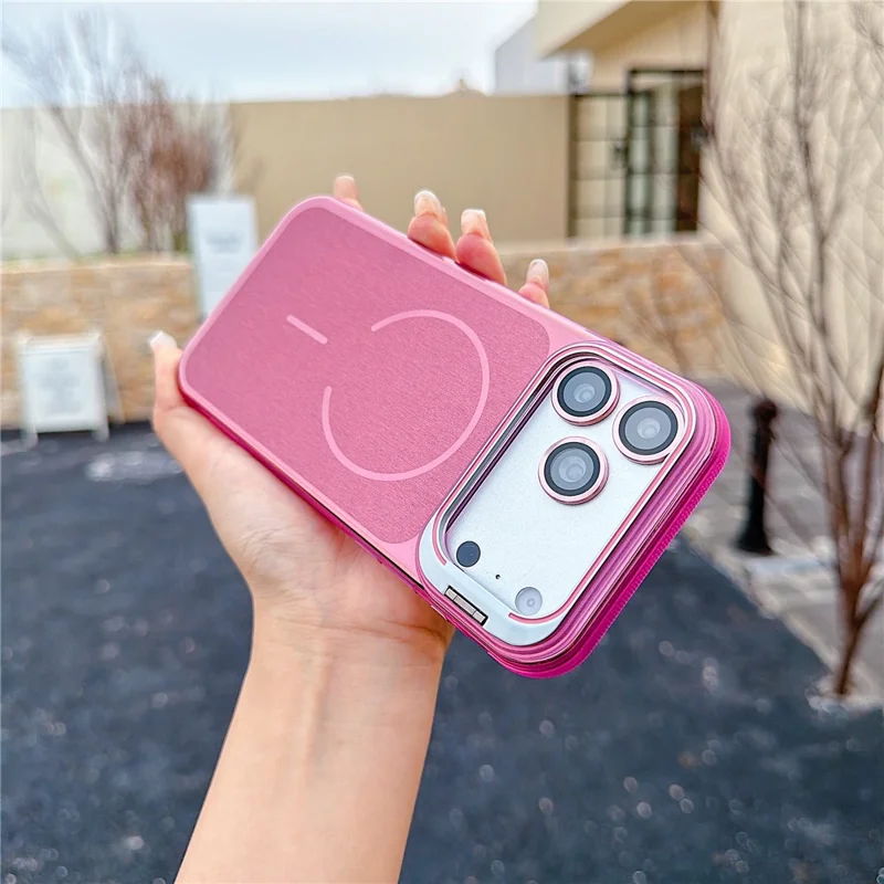 For iPhone 17 Pro Max Magnetic Case Kickstand PC+TPU Brushed Phone Cover with Lens Film - Pink
