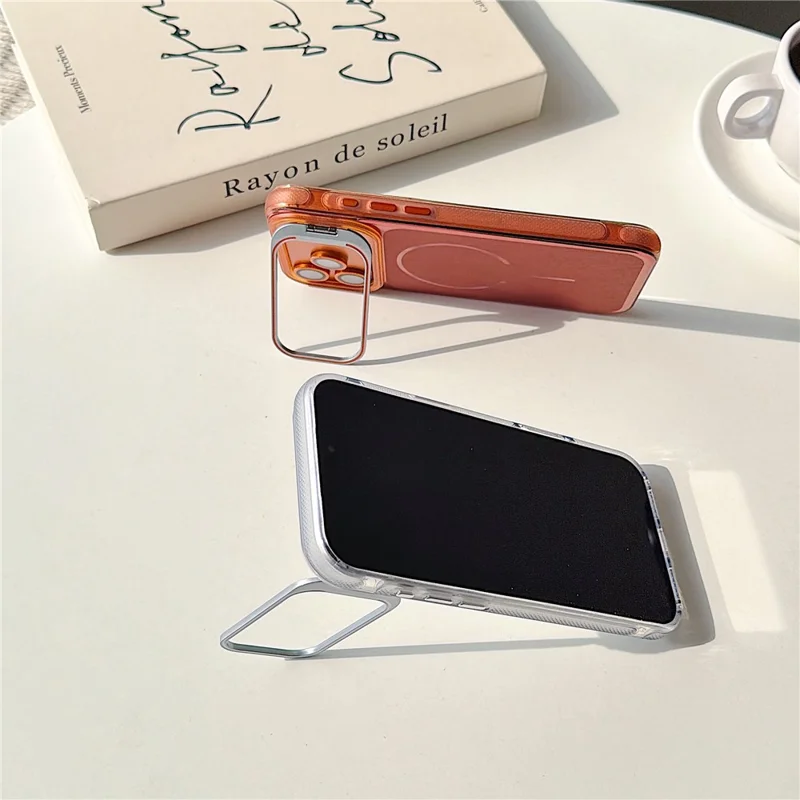 For iPhone 17 Pro Max Magnetic Case Kickstand PC+TPU Brushed Phone Cover with Lens Film - Pink