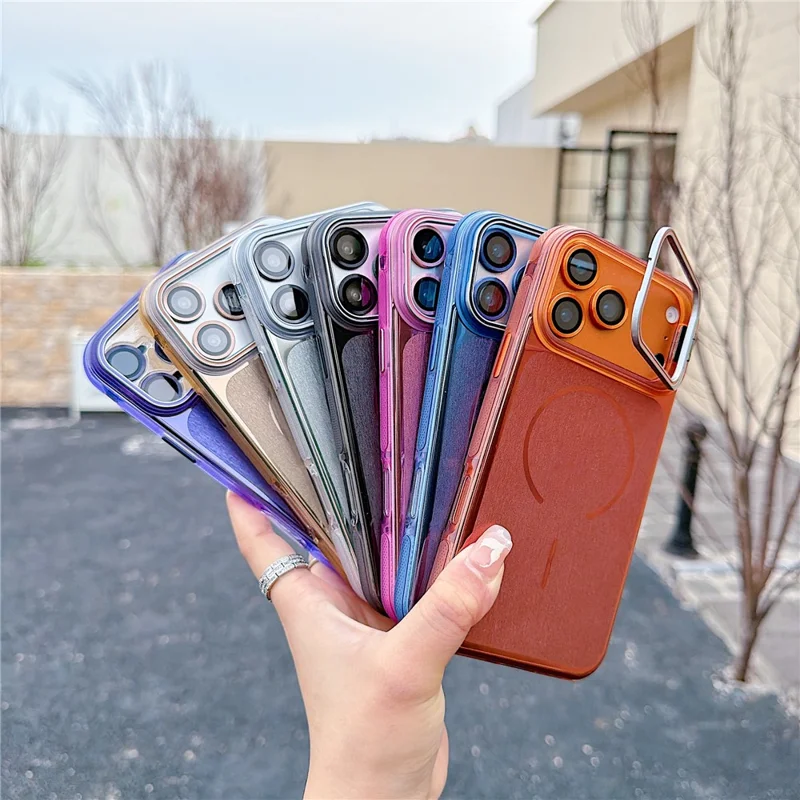 For iPhone 17 Pro Max Magnetic Case Kickstand PC+TPU Brushed Phone Cover with Lens Film - Pink