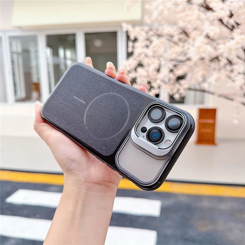 For iPhone 16 Pro Magnetic Case Kickstand PC+TPU Brushed Phone Cover with Lens Film - Black
