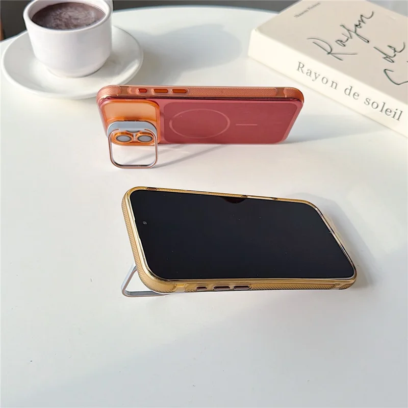 For iPhone 16 Pro Magnetic Case Kickstand PC+TPU Brushed Phone Cover with Lens Film - Black