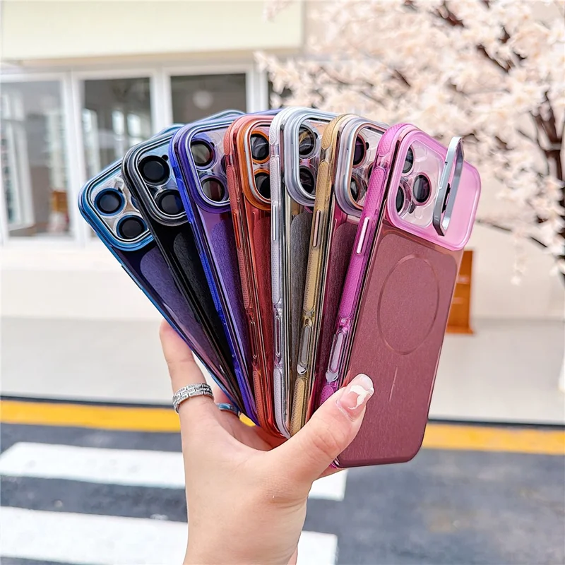 For iPhone 16 Pro Magnetic Case Kickstand PC+TPU Brushed Phone Cover with Lens Film - Black