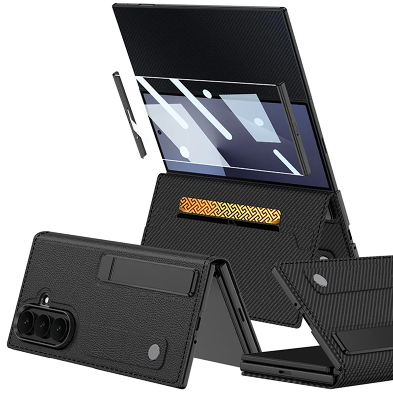 GKK for Samsung Galaxy Z TriFold 5G Wallet Case Rotating Stand Flip Leather Cover with Front Screen Protector - Carbon Fiber Texture