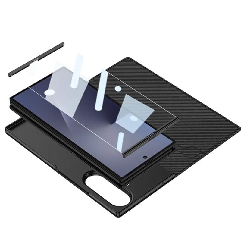 GKK for Samsung Galaxy Z TriFold 5G Wallet Case Rotating Stand Flip Leather Cover with Front Screen Protector - Carbon Fiber Texture