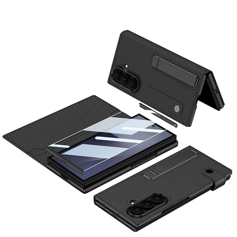 GKK for Samsung Galaxy Z TriFold 5G Wallet Case Rotating Stand Flip Leather Cover with Front Screen Protector - Carbon Fiber Texture