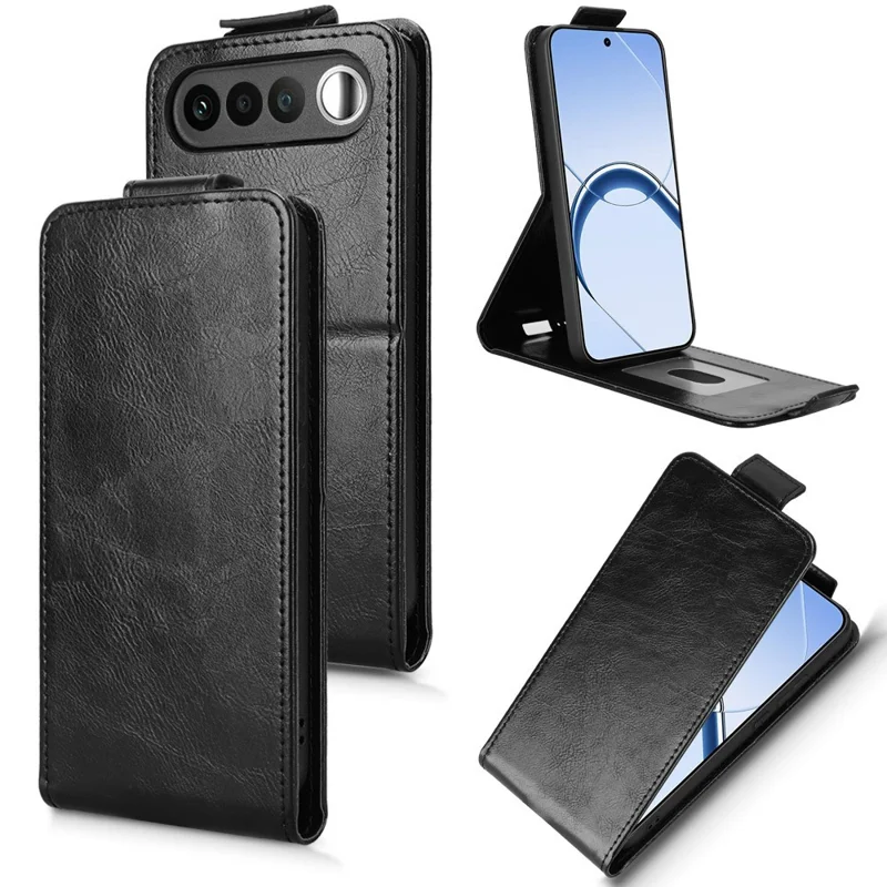 Für Realme 16 5G Standtasche mit Magnetverschluss, vertikaler Klapp-Design Ledertasche mit Kartenhalter – Schwarz