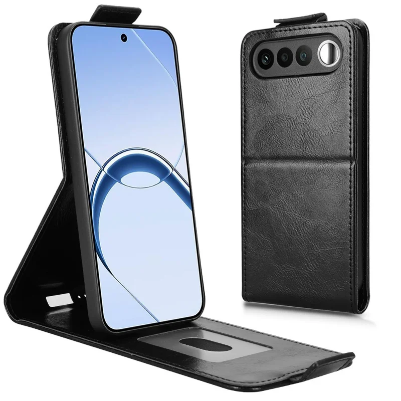 Für Realme 16 5G Standtasche mit Magnetverschluss, vertikaler Klapp-Design Ledertasche mit Kartenhalter – Schwarz
